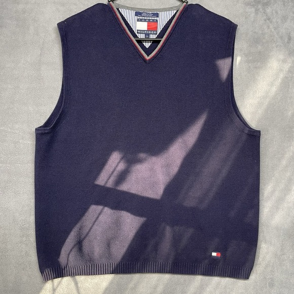 Tommy Hilfiger V Neck Vest Blue Mens Size Large‎ 6 Y2K Preppy Casual - Picture 1 of 9